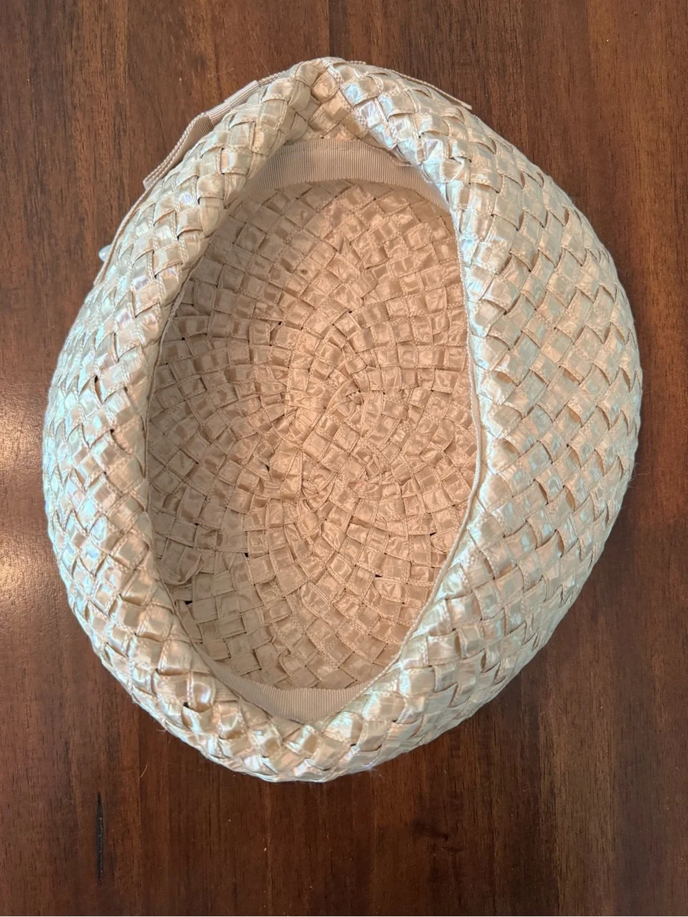 Vintage 1950s Champagne Woven Straw Breton Hat Pearl Bow Accent